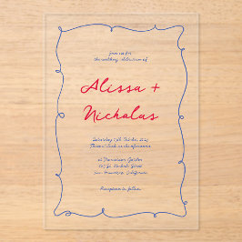 Whimsical Red & Blue Hand Drawn Border Wedding Acryleinladungen