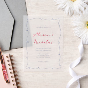 Whimsical Red & Blue Hand Drawn Border Wedding Pergament Einladungen