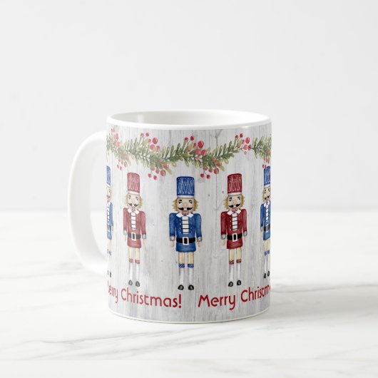 Whimsical Red Blue Nutcrackers Frohe Weihnachten Kaffeetasse (Vorderseite Links)