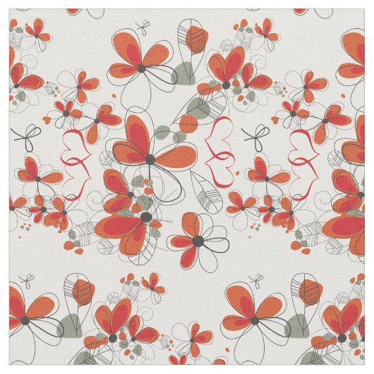 Whimsical Red Blume and Hearts Stoff (Nahaufnahme)