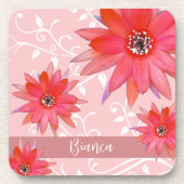 Whimsical Red Blume Wirble Blätter Name Pink hinzu Getränkeuntersetzer (Vorderseite)