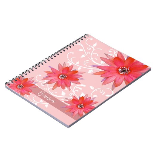 Whimsical Red Blume Wirble Blätter Name Pink hinzu Notizblock (Linke Seite)