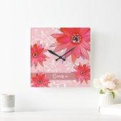 Whimsical Red Blume Wirble Blätter Name Pink hinzu Quadratische Wanduhr (Zuhause)