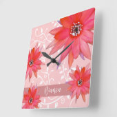 Whimsical Red Blume Wirble Blätter Name Pink hinzu Quadratische Wanduhr (Winkel)
