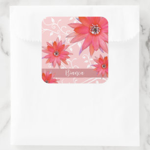 Whimsical Red Blume Wirble Blätter Name Pink hinzu Quadratischer Aufkleber