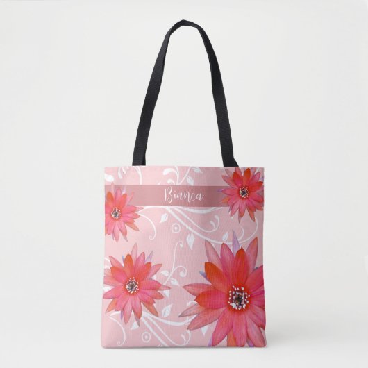 Whimsical Red Blume Wirble Blätter Name Pink hinzu Tasche (Vorderseite)