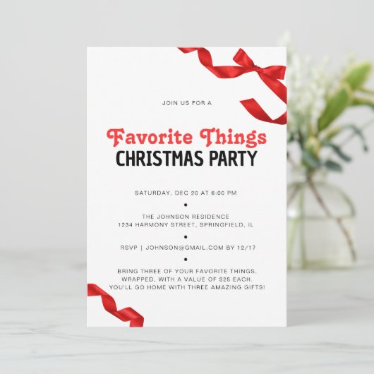 Whimsical Red Bow Favorite Things Weihnachts-Party Einladung (Stehend Vorderseite)