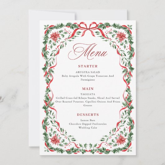 Whimsical Red Bow Printable Christmas Menu Card Einladung (Vorderseite)