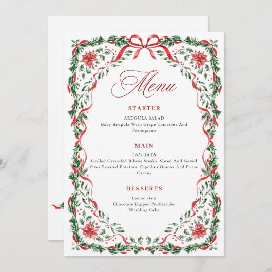 Whimsical Red Bow Printable Christmas Menu Card Einladung (Vorne/Hinten)