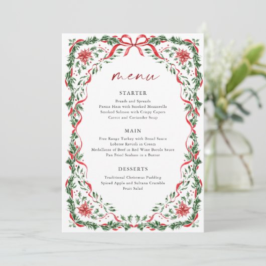 Whimsical Red Bow Printable Christmas Menu Card Einladung (Stehend Vorderseite)
