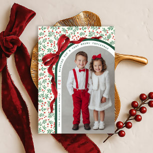 Whimsical Red Bow Ribbon Weihnachts-Foto Feiertagskarte
