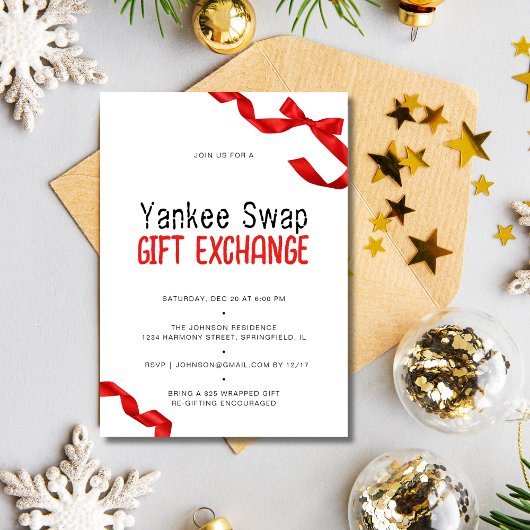Whimsical Red Bow Yankee Swap Geschenktausch Einladung