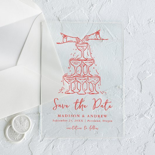 Whimsical Red Champagne Tower Save the Date Acryleinladungen