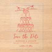 Whimsical Red Champagne Tower Save the Date Acryleinladungen (Vorderseite)