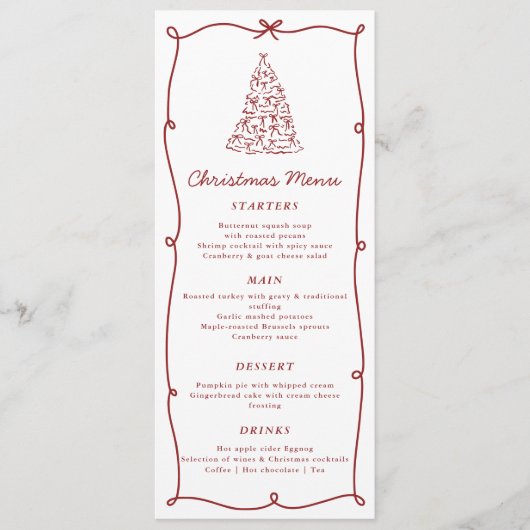 Whimsical Red Christmas Tree Dinner Menu Menükarte (Vorderseite)