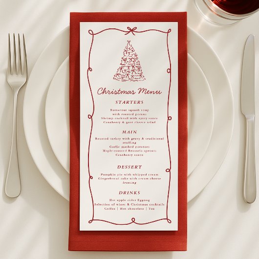 Whimsical Red Christmas Tree Dinner Menu Menükarte