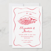 Whimsical Red Doodle Wavy Border Wedding Einladung (Vorderseite)