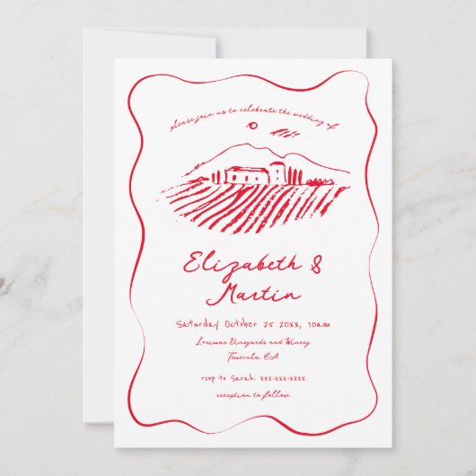 Whimsical Red Doodle Wavy Border Wedding Einladung (Vorderseite)
