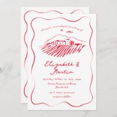 Whimsical Red Doodle Wavy Border Wedding Einladung (Vorne/Hinten)