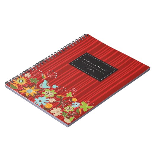 Whimsical Red Floral Garden & Bird Custom Notebook Notizblock (Linke Seite)