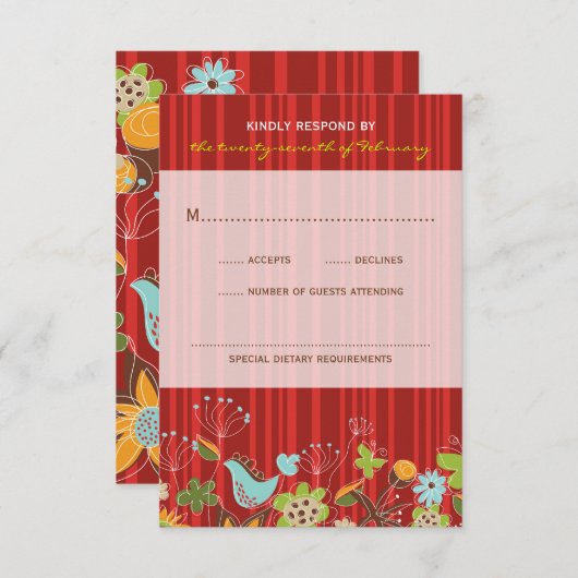 Whimsical Red Floral Garden Wedding RSVP Card (Vorne/Hinten)