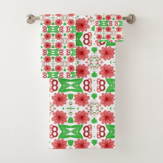 Whimsical Red Flowers Green Leaves On White Art Badhandtuch Set (Insitu)