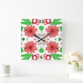 Whimsical Red Flowers Green Leaves On White Art Quadratische Wanduhr (Zuhause)