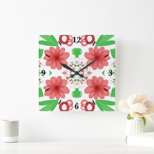 Whimsical Red Flowers Green Leaves On White Art Quadratische Wanduhr (Zuhause)