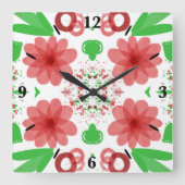 Whimsical Red Flowers Green Leaves On White Art Quadratische Wanduhr (Vorderseite)