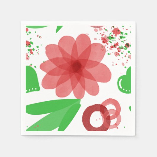 Whimsical Red Flowers Green Leaves On White Art Serviette (Vorderseite)