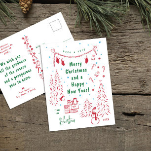 Whimsical Red & Green Christmas Scene Postcard Feiertagspostkarte