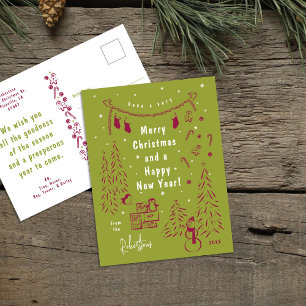 Whimsical Red & Green Christmas Scene Postcard Feiertagspostkarte