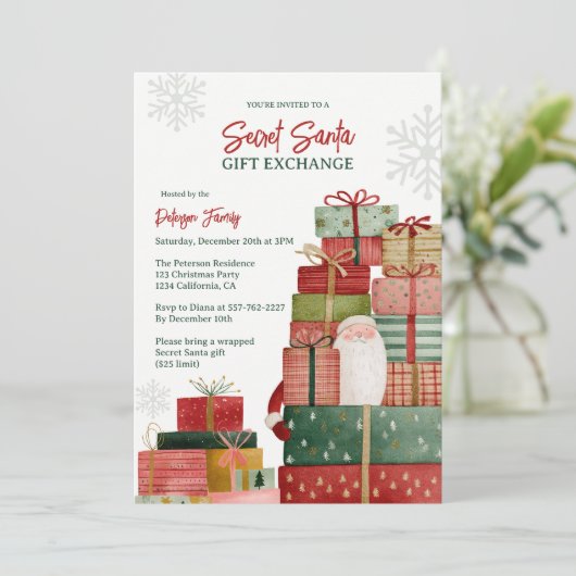 Whimsical Red Green Secret Santa Christmas Party Einladung (Stehend Vorderseite)