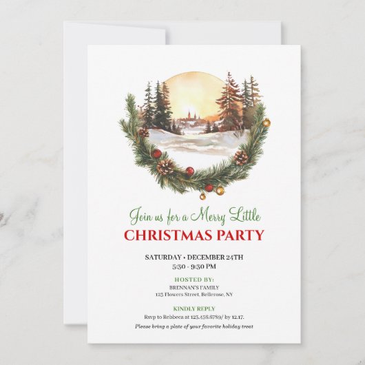 Whimsical Red Green Winter Scene Party Invitation Einladung (Vorderseite)