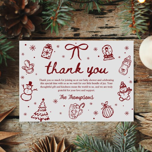 Whimsical Red Hand Drawn Christmas Baby Shower Dankeskarte