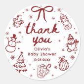 Whimsical Red Hand Drawn Christmas Baby Shower Runder Aufkleber (Vorderseite)