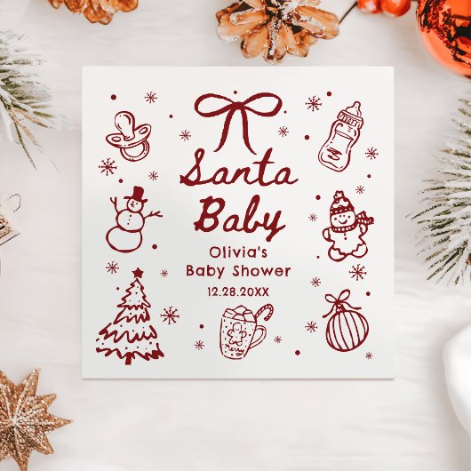 Whimsical Red Hand Drawn Christmas Baby Shower Serviette
