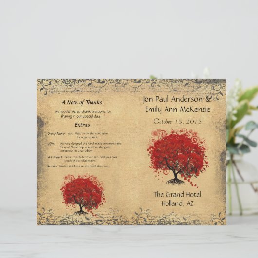 Whimsical Red Heart Leaf Tree Hochzeitsprogramm