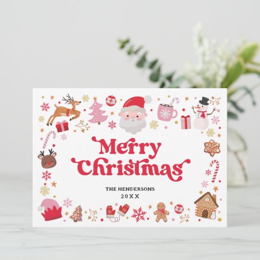 Whimsical Red Pink Santa Merry Weihnachten (Stehend Vorderseite)