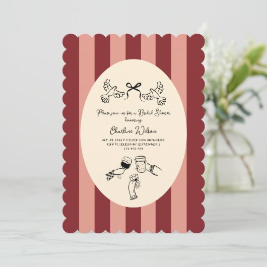 Whimsical Red Pink Striped Scribble Bridal Shower Einladung (Stehend Vorderseite)