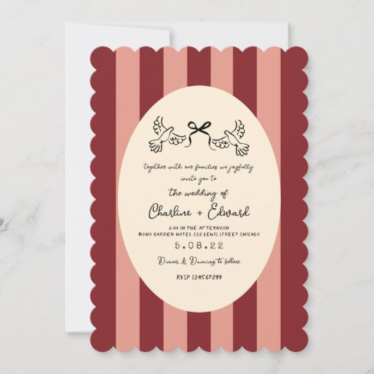 Whimsical Red Pink Striped Scribble Wedding Einladung (Vorderseite)