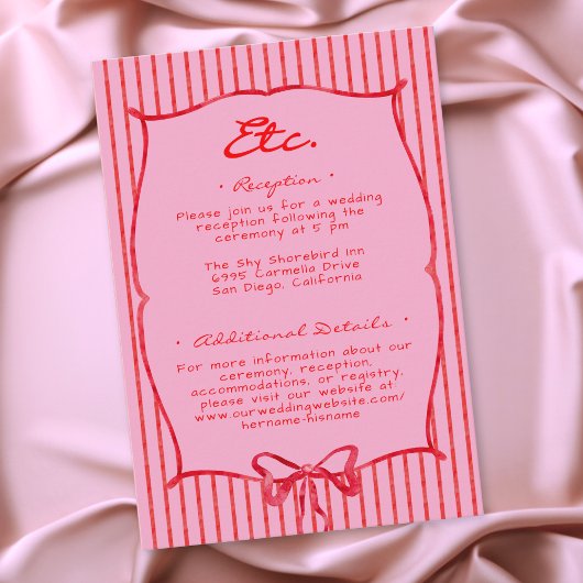 Whimsical Red Pink Watercolor Bow Stripe Wedding Begleitkarte