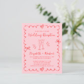 Whimsical Red Pink Wedding Reception Invitation (Stehend Vorderseite)