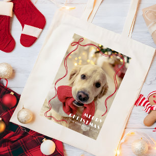 Whimsical Red Ribbon Frohe Weihnachtsmann Foto Tragetasche