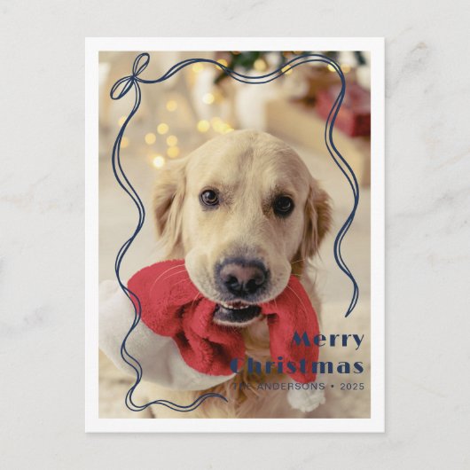 Whimsical Red Ribbon Pet Foto Frohe Weihnachten Postkarte (Vorderseite)