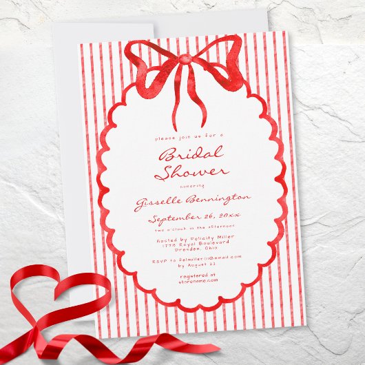 Whimsical Red Watercolor Bow Stripe Bridal Shower Einladung