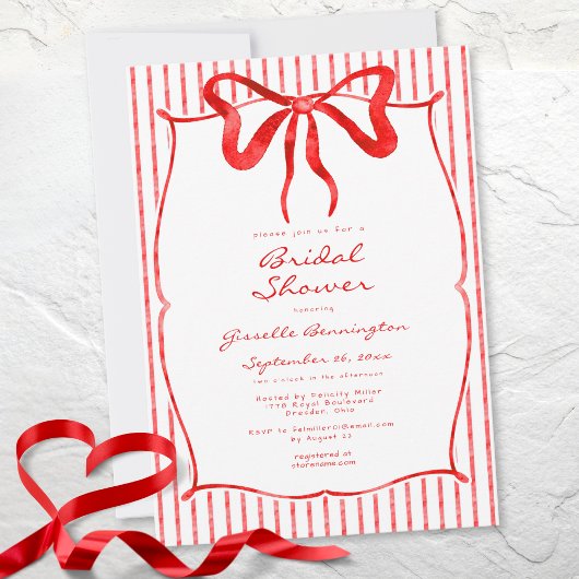 Whimsical Red Watercolor Bow Stripe Bridal Shower Einladung