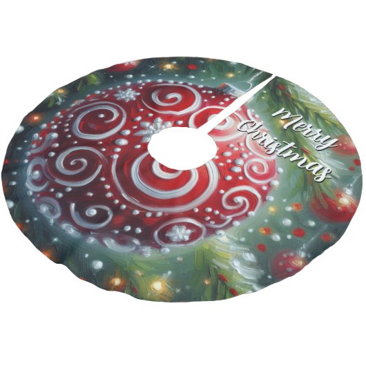 Whimsical Red White Ornament Wirbel Saison Polyester Weihnachtsbaumdecke (Schrägansicht)