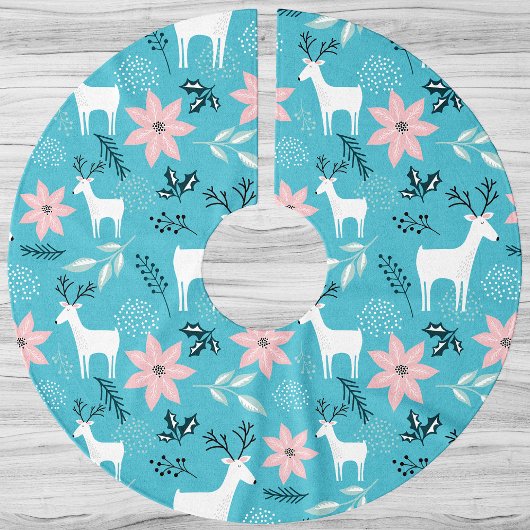 Whimsical Rentier and Poinsettias Christmas Polyester Weihnachtsbaumdecke