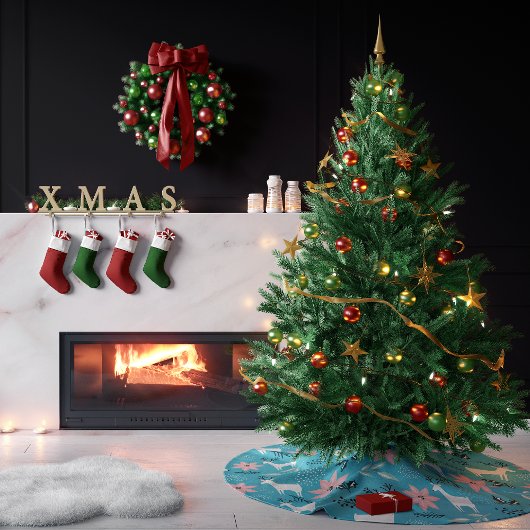 Whimsical Rentier and Poinsettias Christmas Polyester Weihnachtsbaumdecke